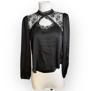 Heartloom Black Lace Inset Long Sleeve Satin Blouse‎ XS New With Tags